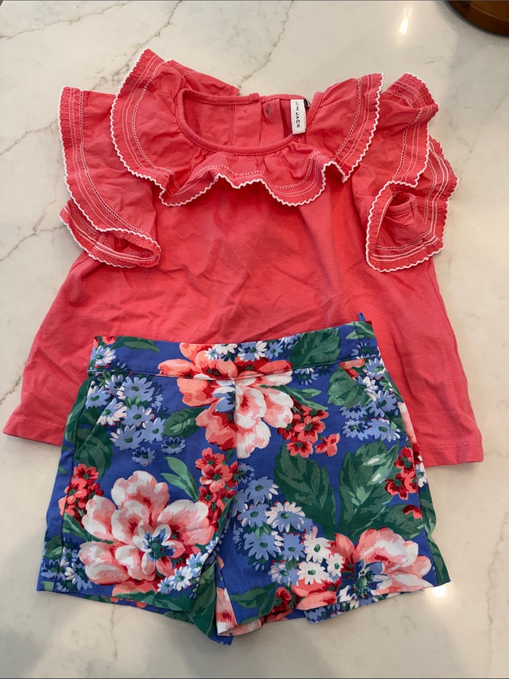 Janie and Jack Coral Ruffle Top with Blue Floral Shorts